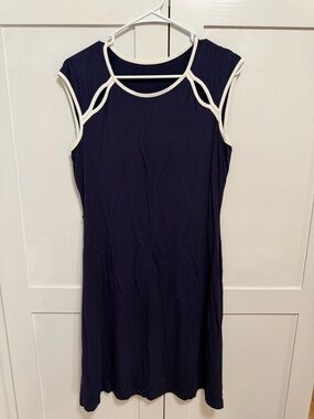 Calvin Klein Navy Midi Dress with White Piping. Size-8